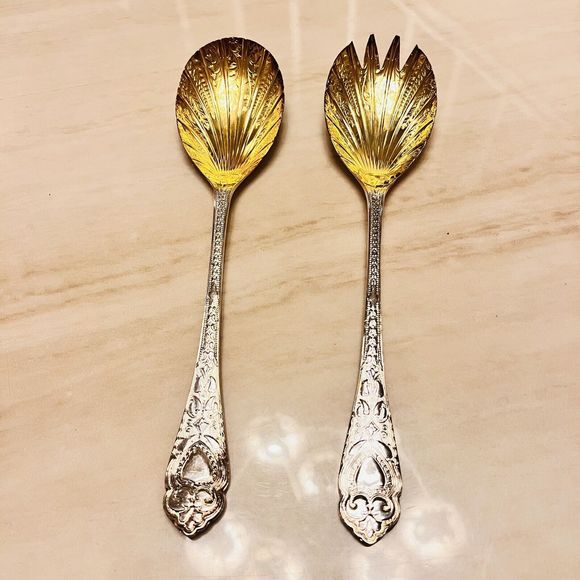 Vintage William Adams Sheffield England Silver Plate Gold Wash Serving Spoon Set - Picture 1 of 10